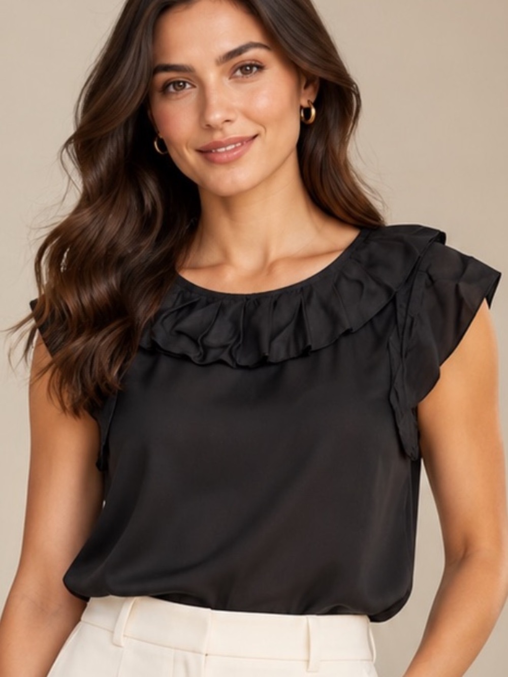 BLACK club Monaco Women's Black Ruffle Cap-Sleeve Top